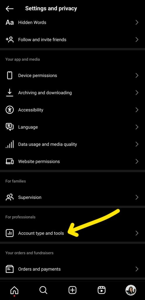 روی گزینه Account type and tools کلیک کنید.