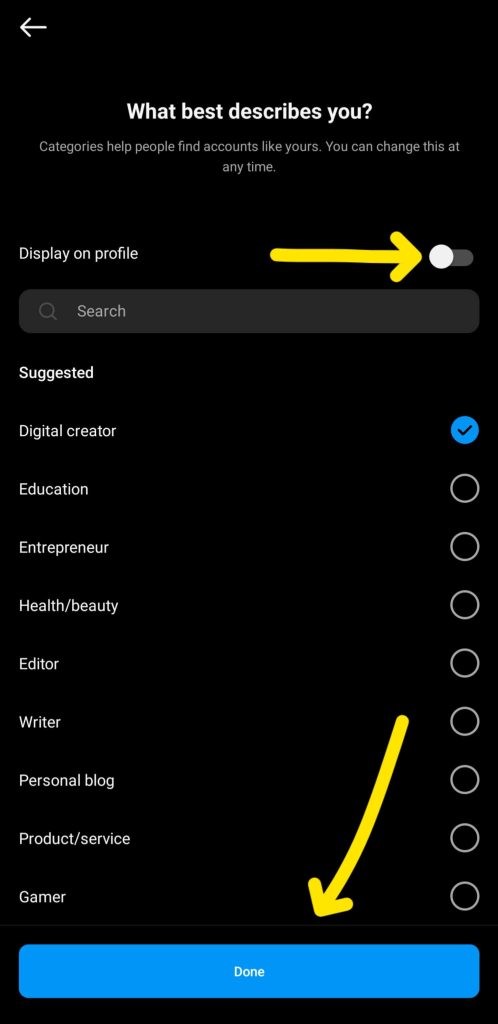 حالا باید حوزه کاری خود را مشخص کنید. اگر می خواهید حوزه کاری شما در پروفایلتان مشخص باشد، گزینه display on profile را انتخاب کنید.