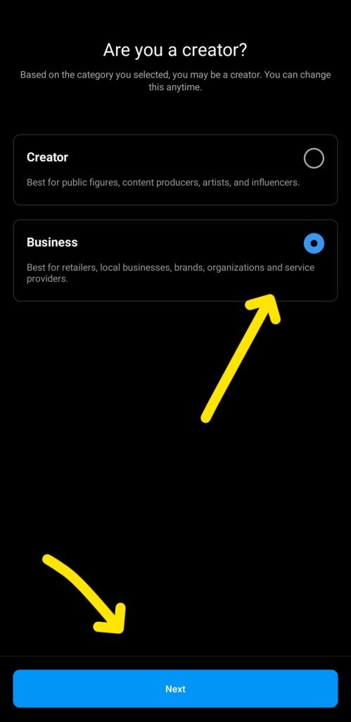 کاری که در این بخش باید انجام دهید، این است که نوع پیج را مشخص کنید، اگر صاحب یک کسب و کار هستید، بیزینس و اگر بلاگر، اینفلوئنسر یا سلبریتی هستید، Creator را بزنید.